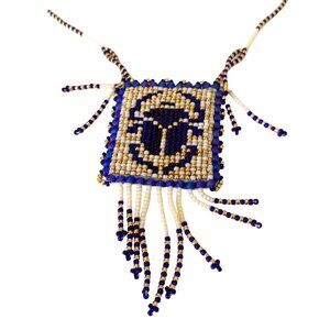 Vtg Native American Beaded Leather Necklace Pouch Medicine Bag Scarab Beetle